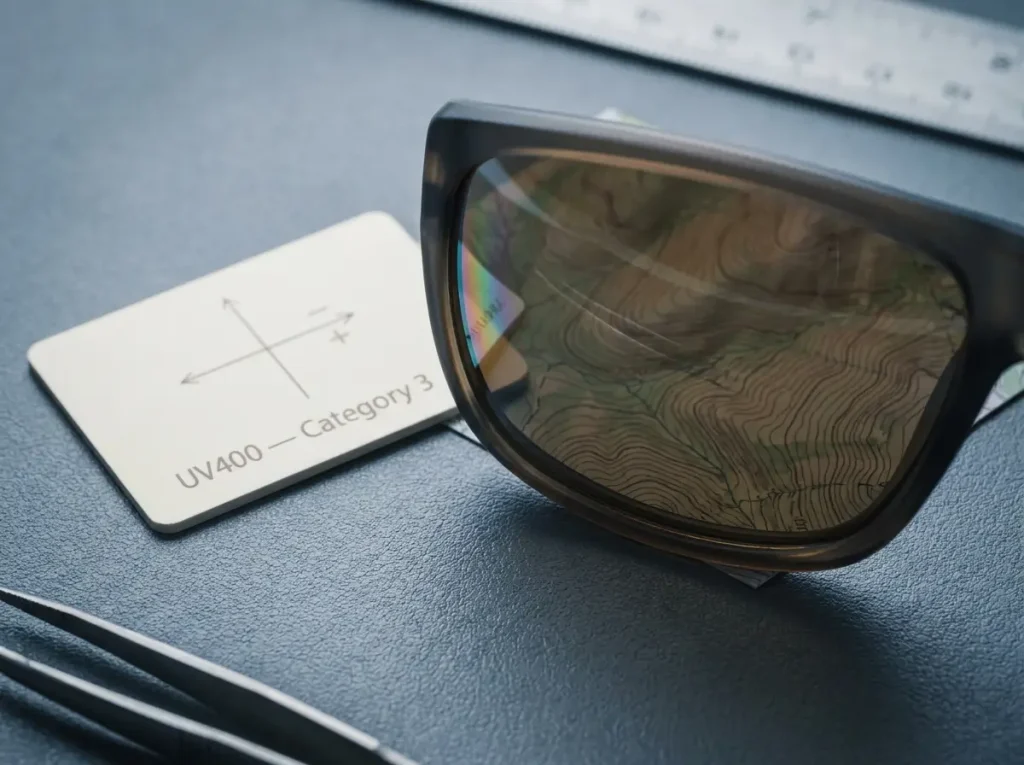 Close-up macro of polarized hiking sunglass lens showing UV400 coating and category rating label.