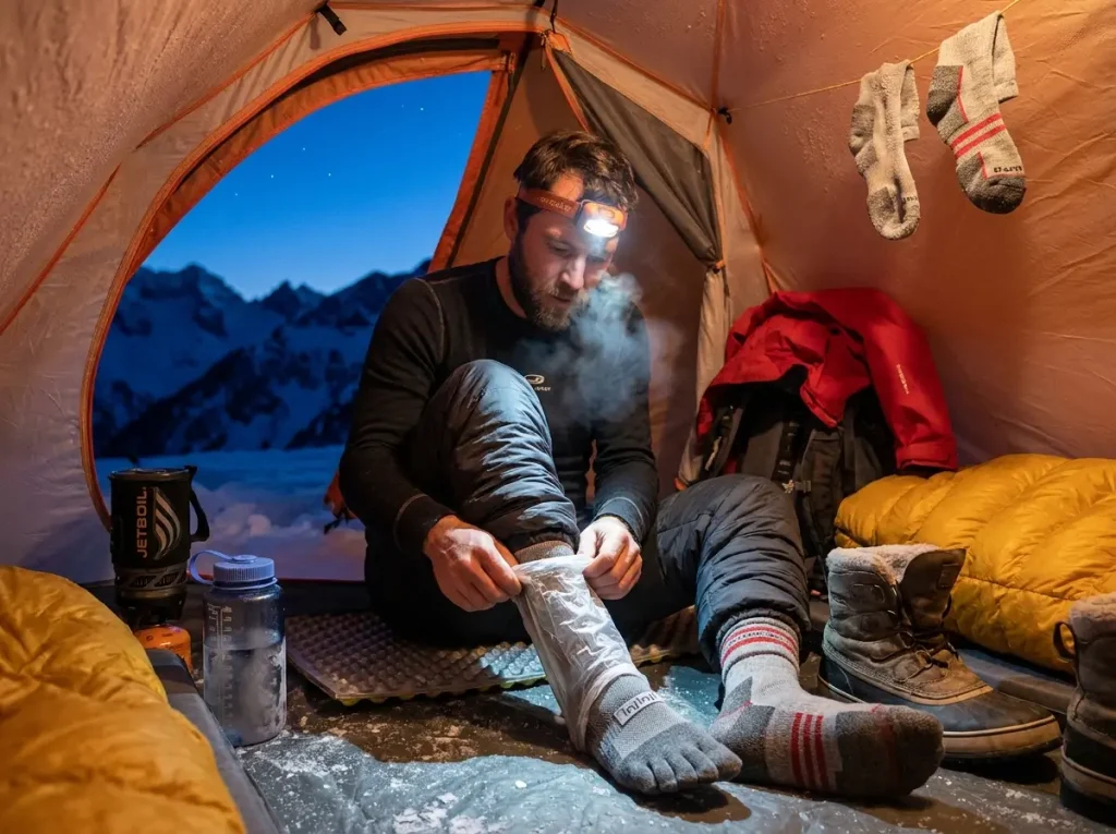 Hiker placing VBL sock liner inside boot at a winter camp with frozen gear visible