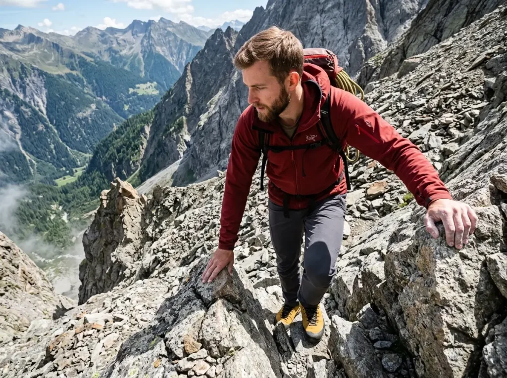 Hiker navigating steep terrain demonstrating vestibular balance