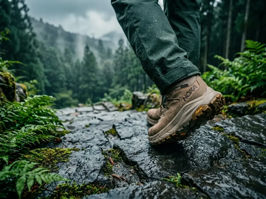 Close-up of a Vibram Megagrip hiking boot gripping wet polished stone steps during a heavy rainstorm