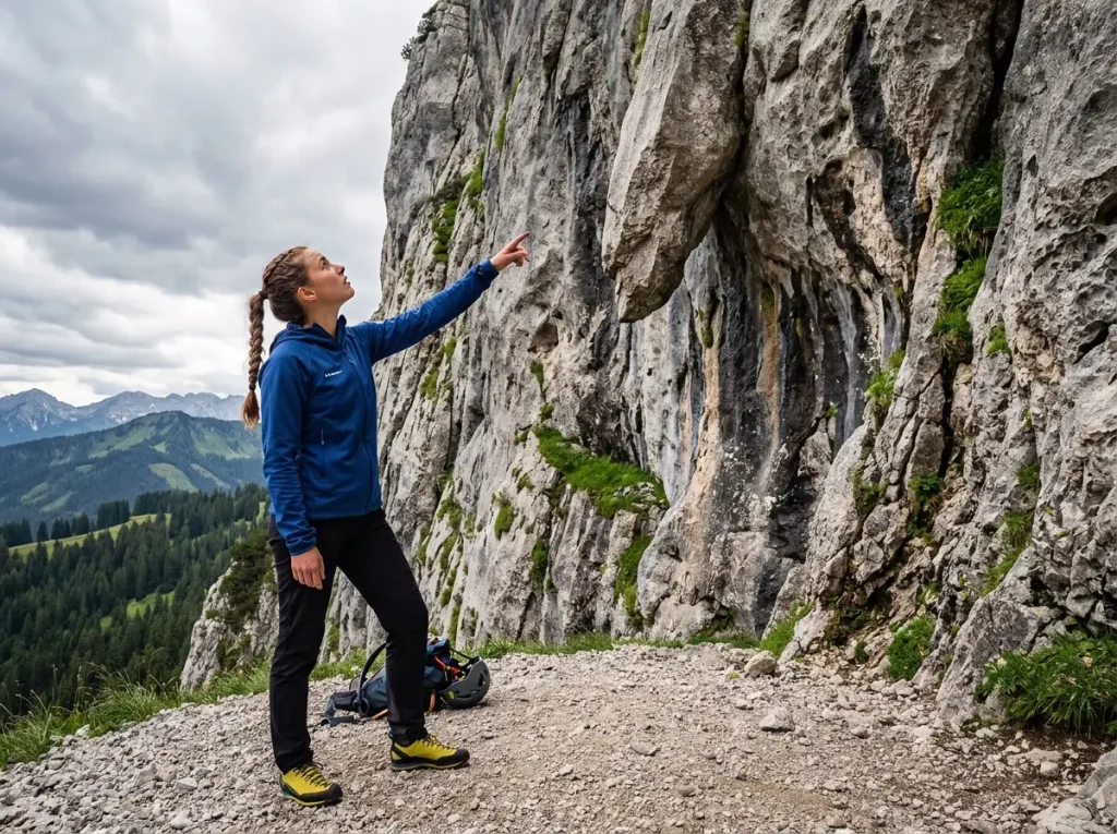 Scrambler scanning a limestone cliff from a distance to spot hanging fangs and danger zones.