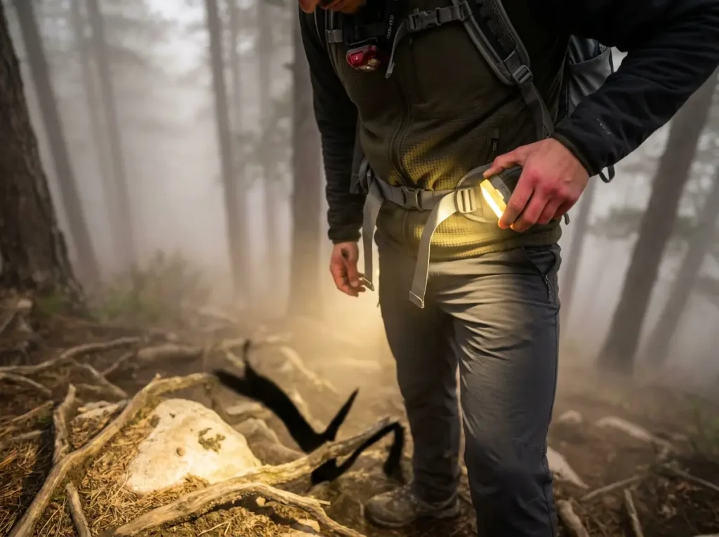 Hiker using waist-level lighting in fog to cast shadows and improve night visibility.