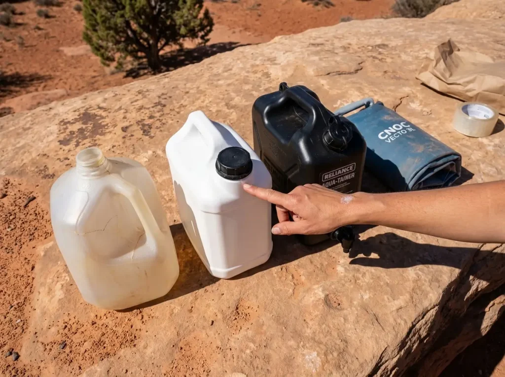 Different water cache containers lined up on desert rock comparing HDPE jugs and collapsible bags