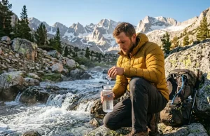 Iodine Tablets vs Chlorine Dioxide Which Kills Crypto Hiker preparing water at an alpine stream, evaluating iodine tablets vs chlorine dioxide hiking options.