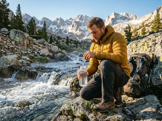 water-treatment-alpine-stream Hiker preparing water at an alpine stream, evaluating iodine tablets vs chlorine dioxide hiking options.