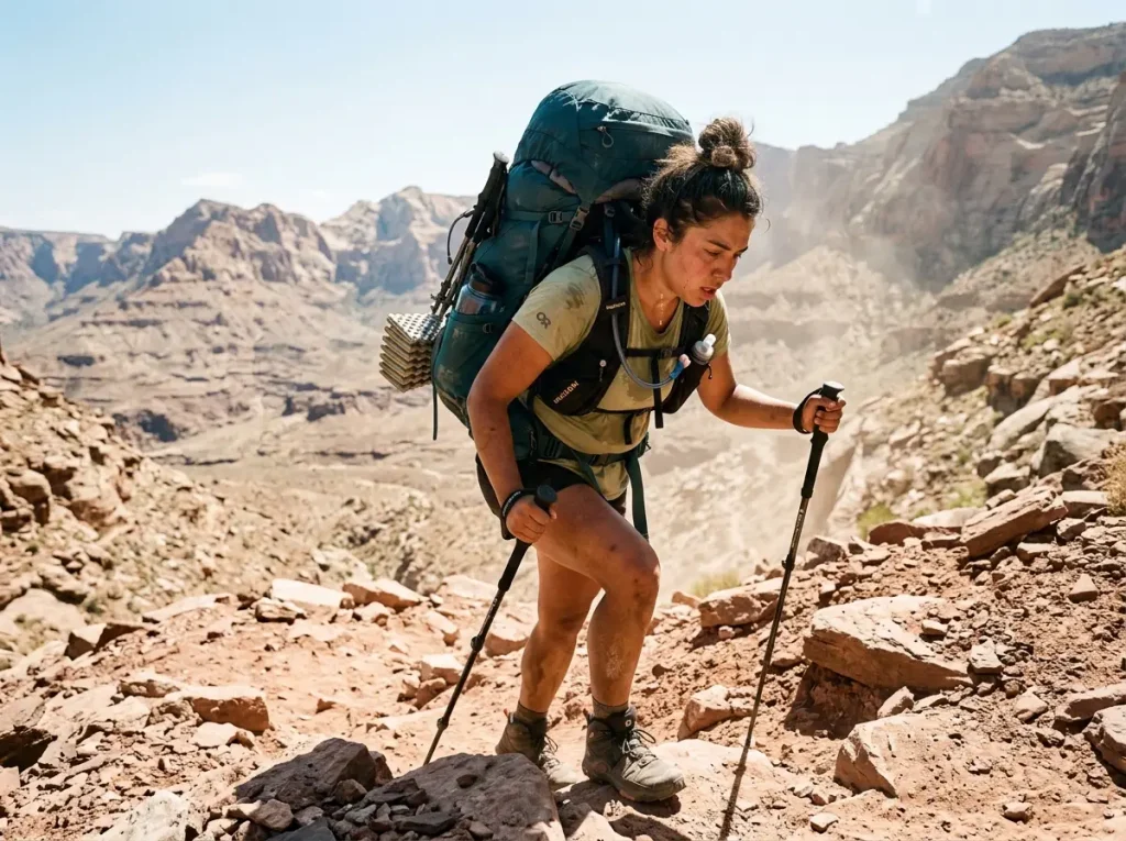 Exhausted hiker hauling a heavy backpack up a steep incline demonstrating the physical penalty of carrying extra water weight