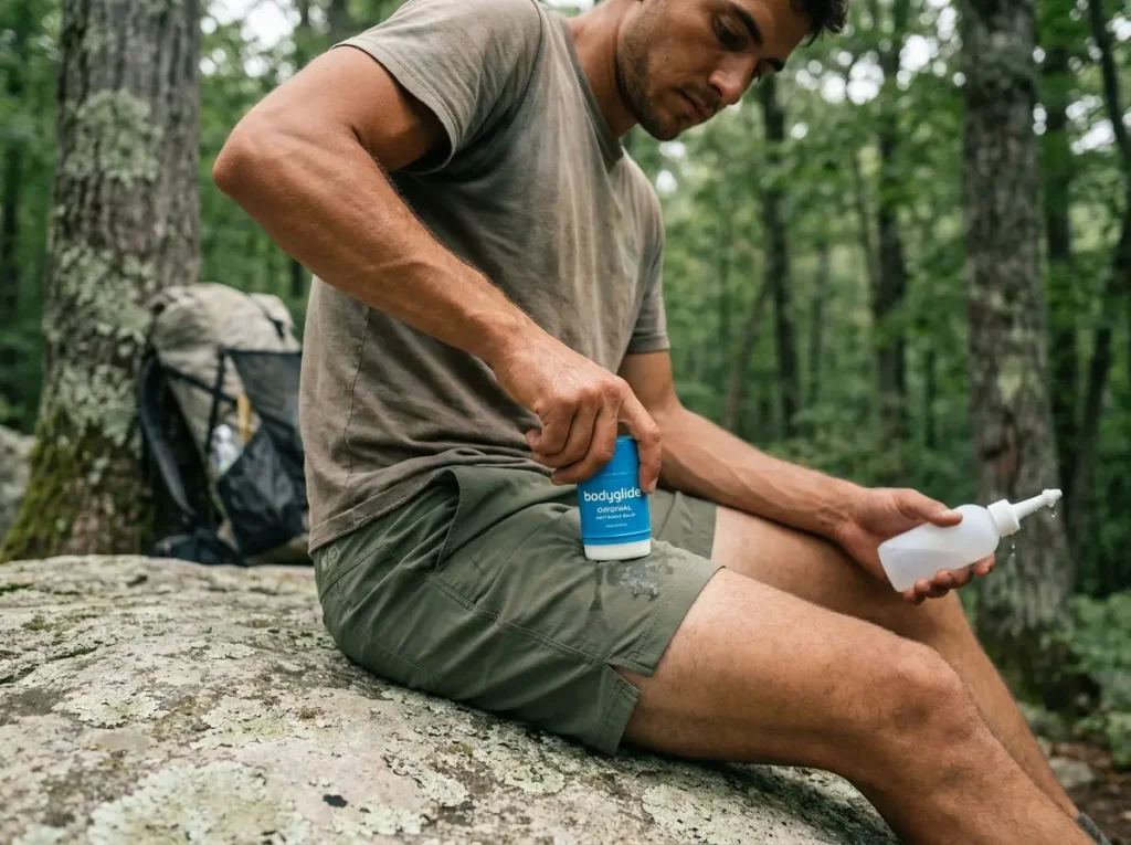 Thru-hiker applying BodyGlide anti-chafe balm at a trailside break as part of humid trail hygiene routine