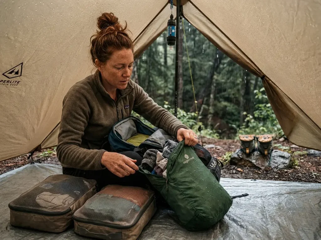 Open hiking backpack showing wet dirty cube separated from clean dry cubes
