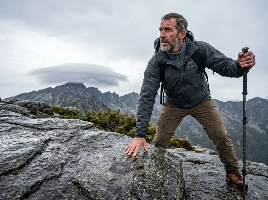 Hiker testing wet granite rock quality on exposed ridge with lenticular clouds forming overhead 