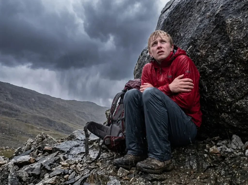 A vulnerable hiker shivering against a boulder in a severe storm, wearing a fully wetted-out red rain jacket
