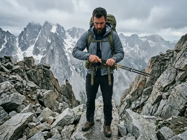 when-not-to-use-trekking-poles-on-trail Hiker collapsing his trekking poles before navigating steep rocky terrain