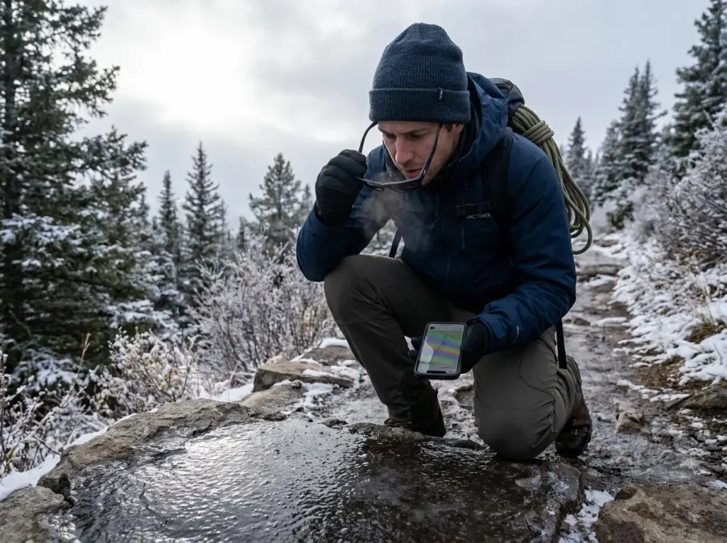 Hiker pausing on icy winter trail holding polarized sunglasses in hand, showing when polarization becomes a liability.