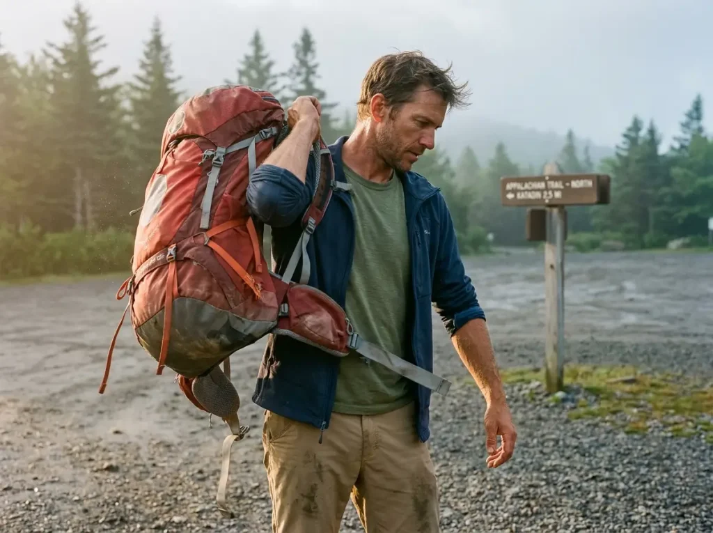 Hiker shouldering a worn Osprey Atmos AG 65 deciding whether to replace the aging hiking backpack