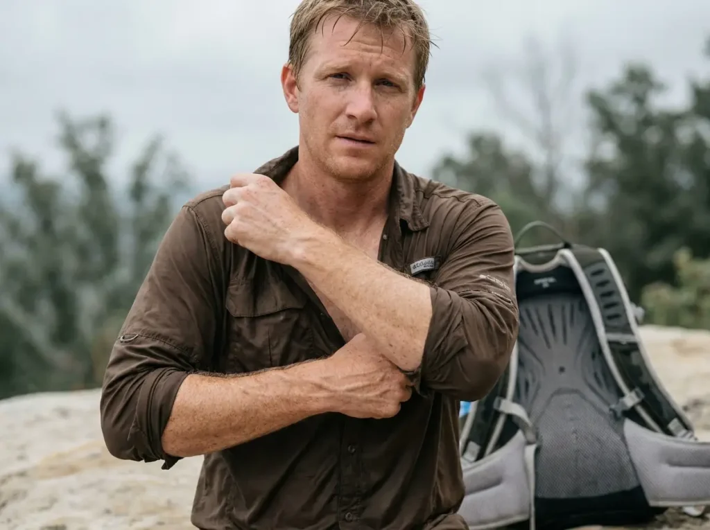 Hiker peeling off a saturated wicking shirt on a humid trail, showing the limits of moisture-wicking fabric
