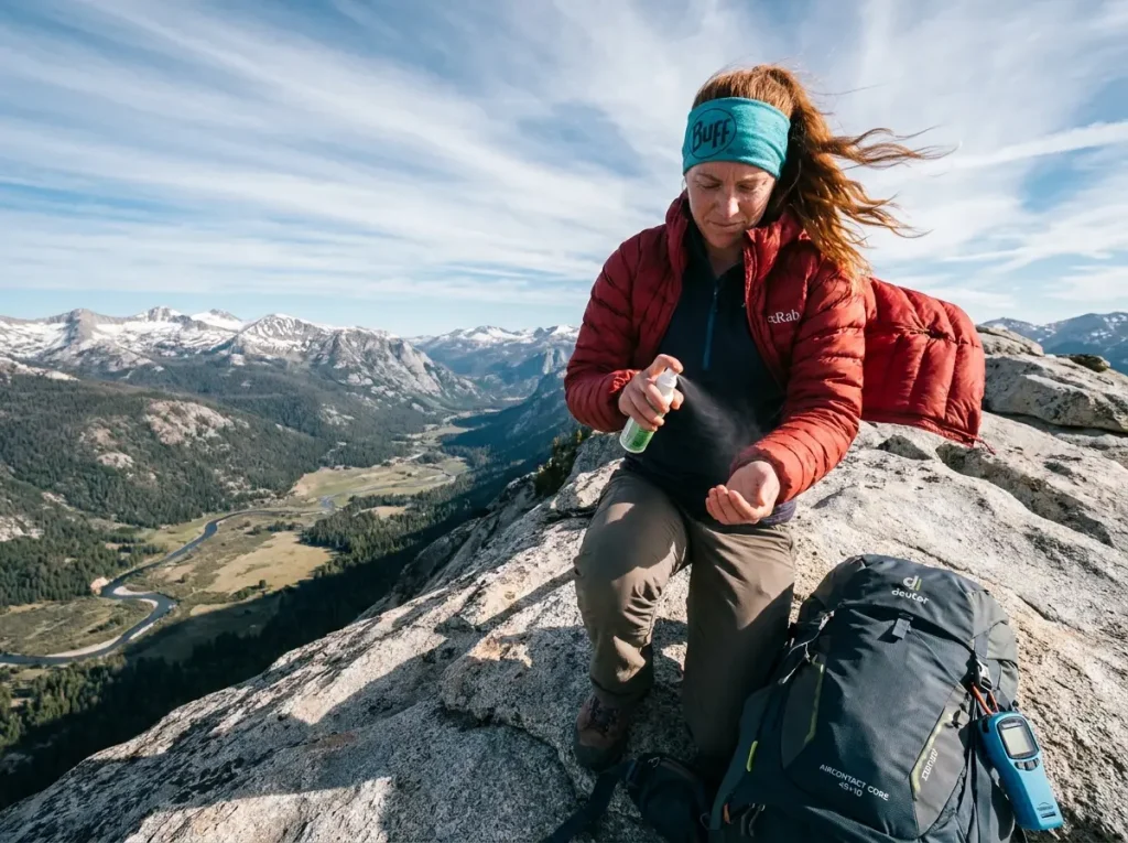 Hiker on a windy ridge checking bug spray while Thermacell stays in pack