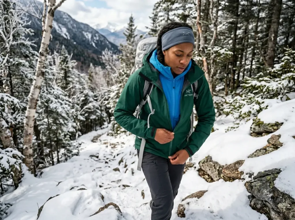Hiker unzipping winter jacket on a steep snowy trail to regulate body heat.