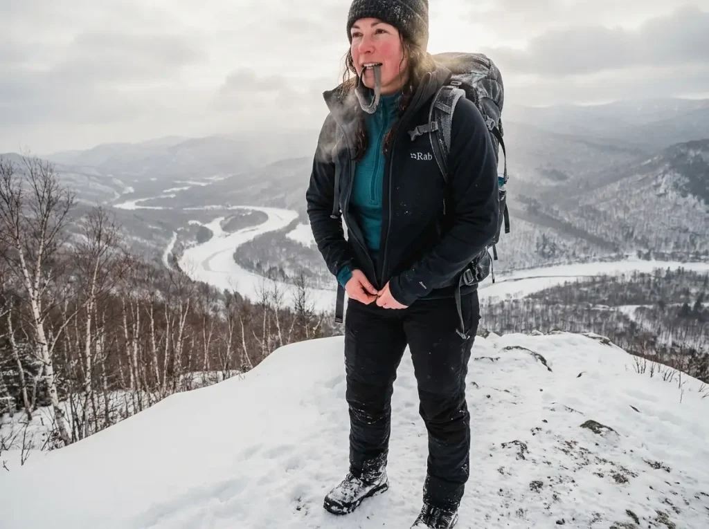 Hiker unzipping mid layer on winter trail with visible steam rising from chest