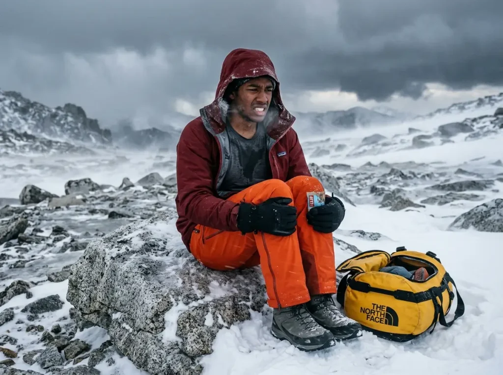 Shivering hiker suffering from hypothermia flash-off effect in wet base layers