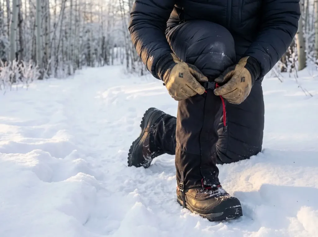 Hiker adjusting insulated pants and gaiters over winter boots on snowy trail