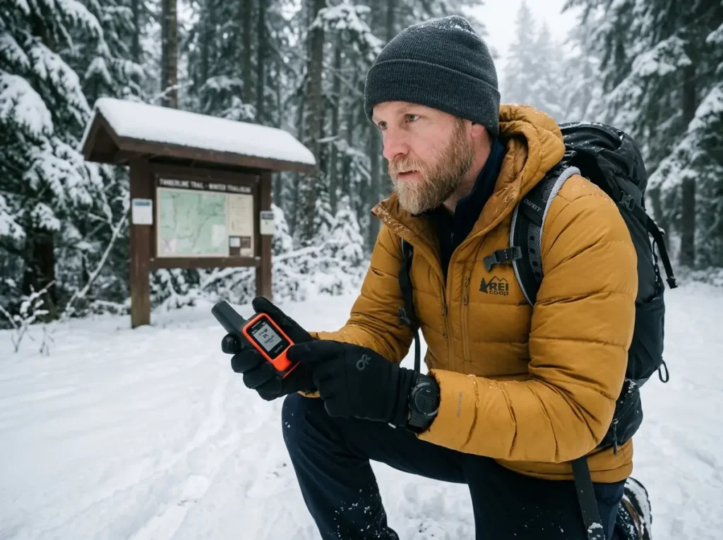 Checking a Garmin inReach at a snowy trailhead. Part of a winter day hike planning checklist.