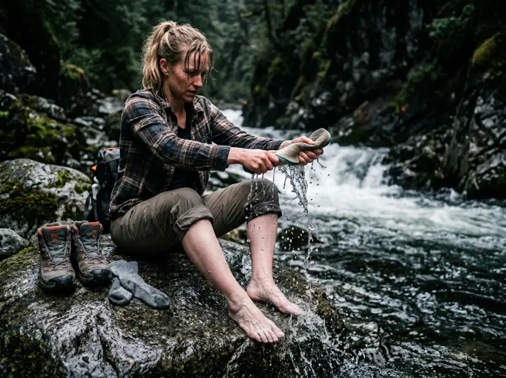 Hiker wringing out a wet foam insole by a mountain river while boots dry