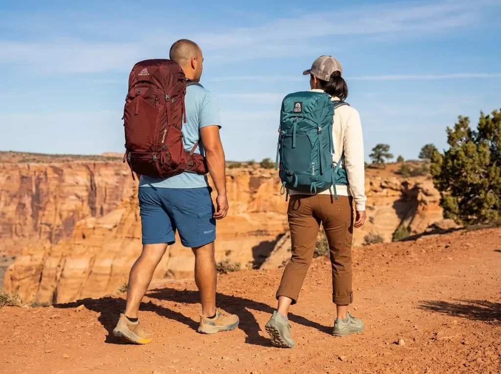 Two hikers on trail one wearing zip off shorts the other in roll up pants