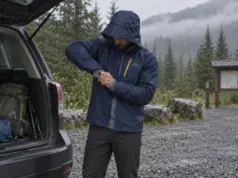 Rain Jacket Sizing for Layering Without Guessing Hiker pulling a rain jacket over a fleece at a wet trailhead, testing rain jacket sizing for layering