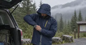 Rain Jacket Sizing for Layering Without Guessing Hiker pulling a rain jacket over a fleece at a wet trailhead, testing rain jacket sizing for layering