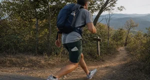7 Road-to-Trail Shoes That Hold Up Under a Daypack Hiker in road-to-trail shoes stepping off pavement onto a dirt trail with a daypack on