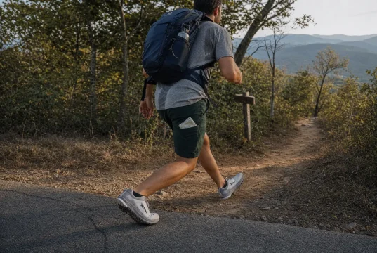 7 Road-to-Trail Shoes That Hold Up Under a Daypack Hiker in road-to-trail shoes stepping off pavement onto a dirt trail with a daypack on
