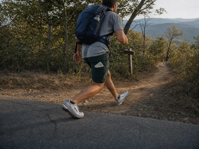 0-road-to-trail-shoes-pavement-to-dirt-transition Hiker in road-to-trail shoes stepping off pavement onto a dirt trail with a daypack on