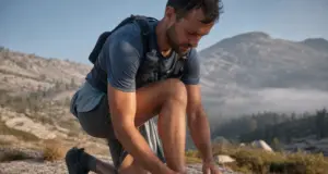 Speed Hiking Shoes vs Trail Runners What Changes Hiker retying speed hiking shoes on a granite slab before a fast alpine push