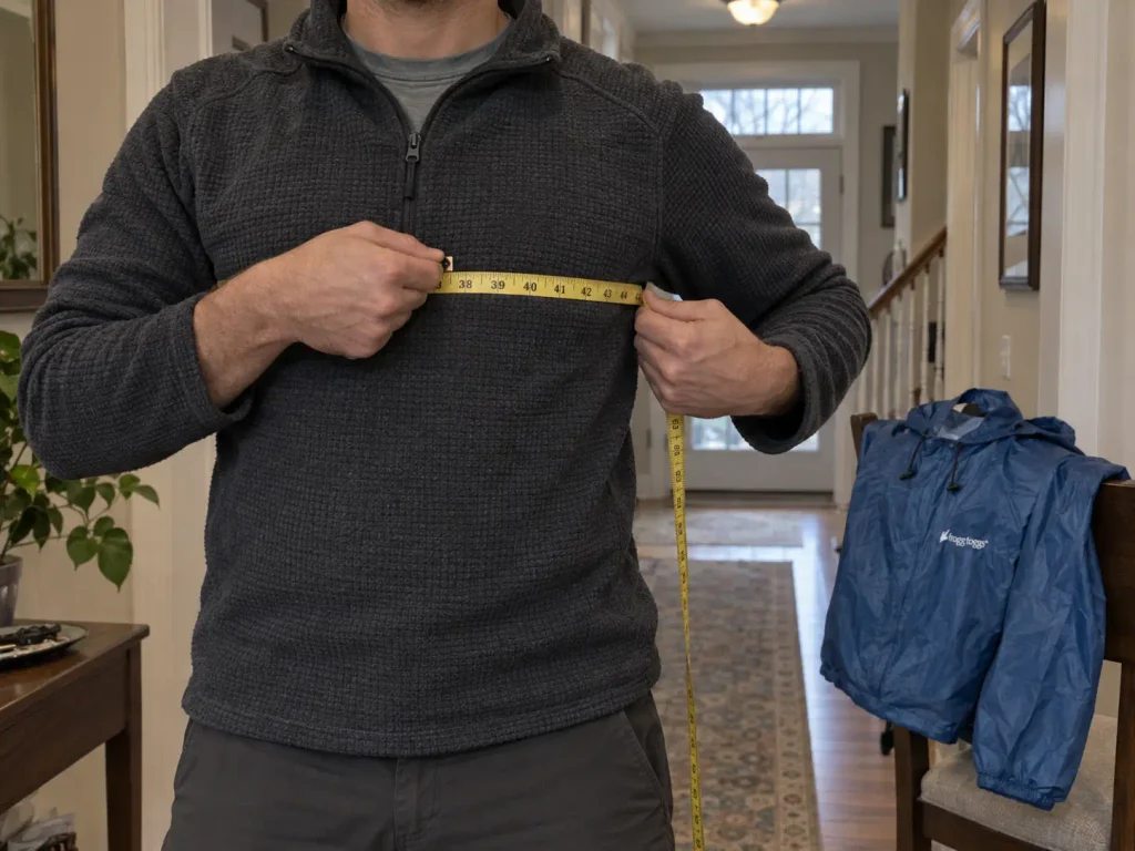 Measuring chest circumference over a fleece with a tape measure to size a rain jacket for layering