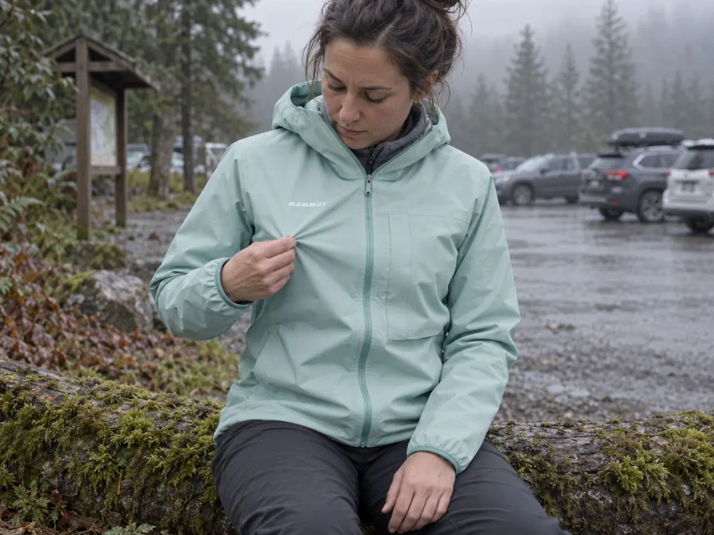 Hiker checking the cut and chest room of a rain jacket over a fleece before a wet hike