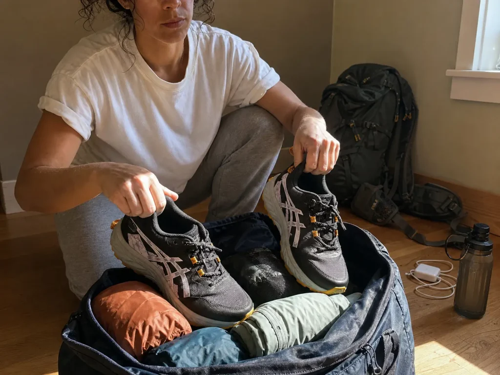 One pair of budget road-to-trail shoes packed for both town walking and hiking