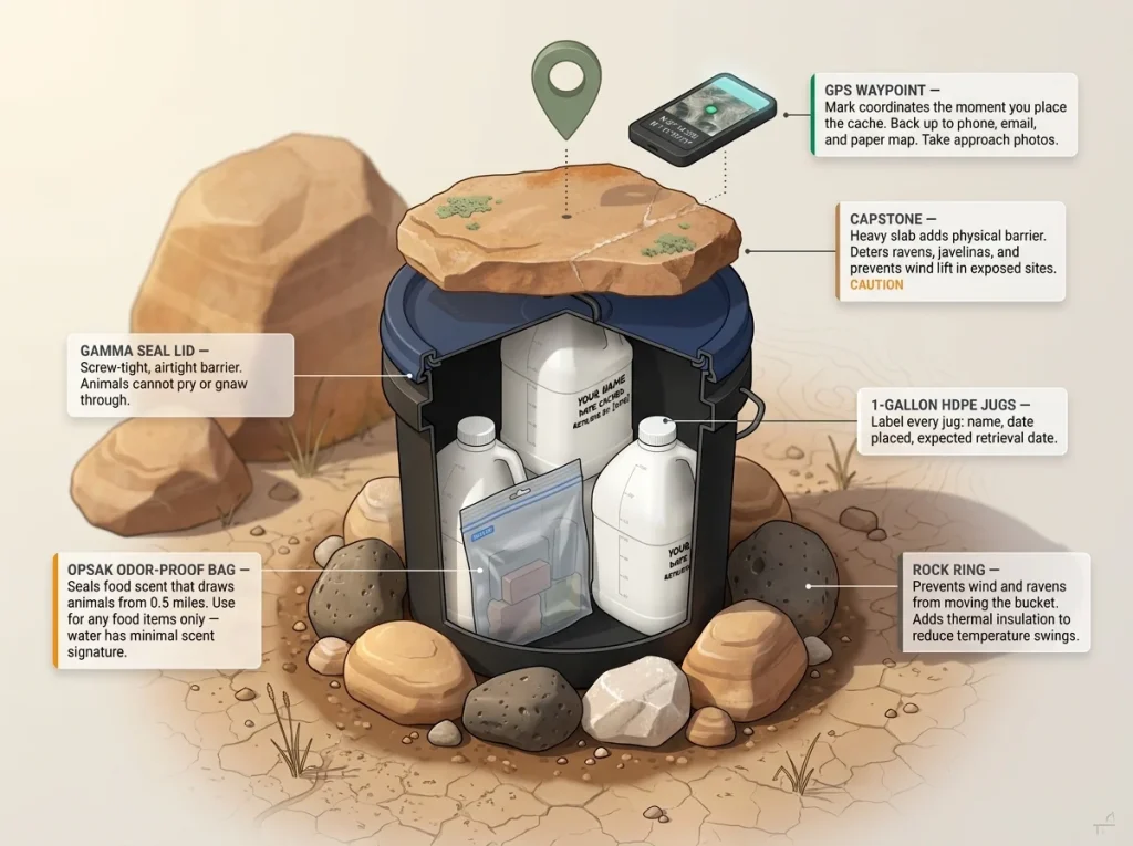 Infographic showing cutaway of desert water cache with labeled layers: gamma seal lid, gallon jugs, OPSAK bag, rock ring, and GPS waypoint
