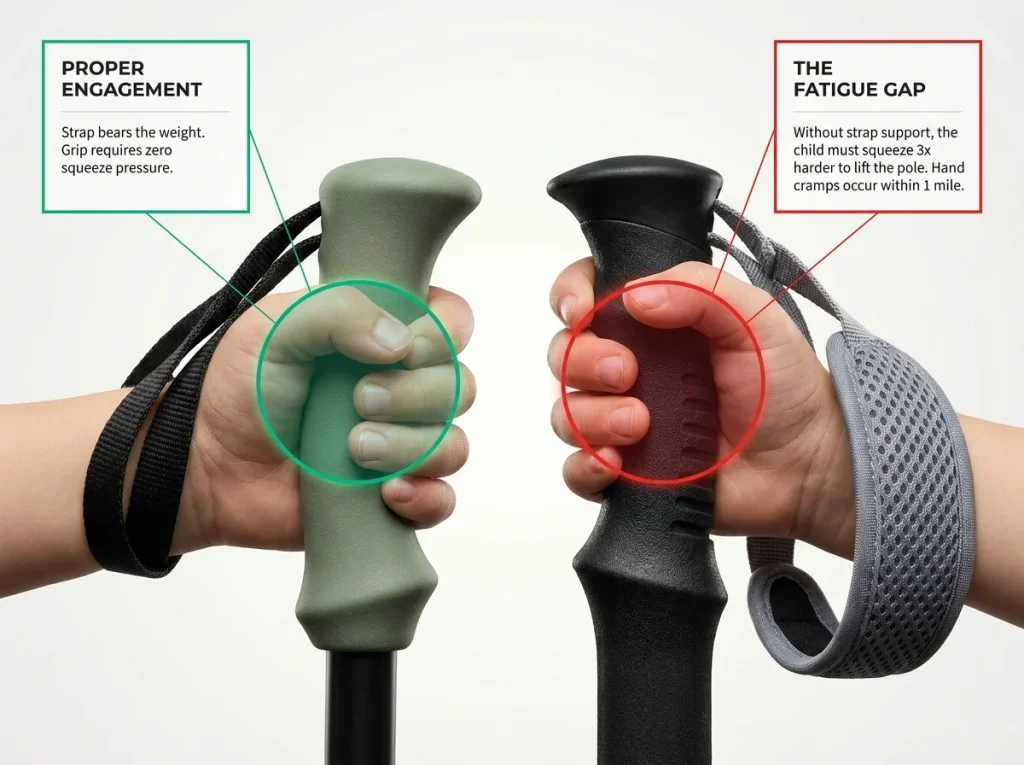 Infographic showing the ergonomic failure of adult trekking poles for kids with red highlighted finger gaps and loose straps