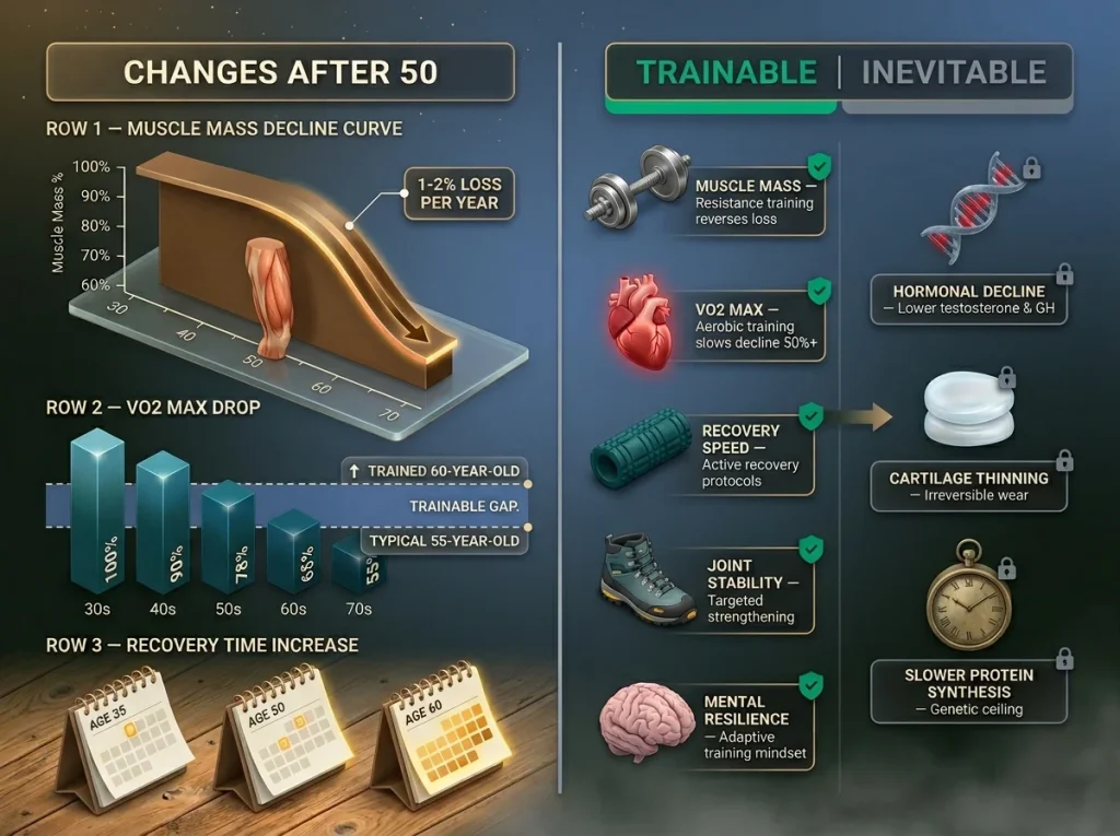Infographic comparing physiological changes after 50 with trainable vs inevitable factors including muscle mass and VO2 max