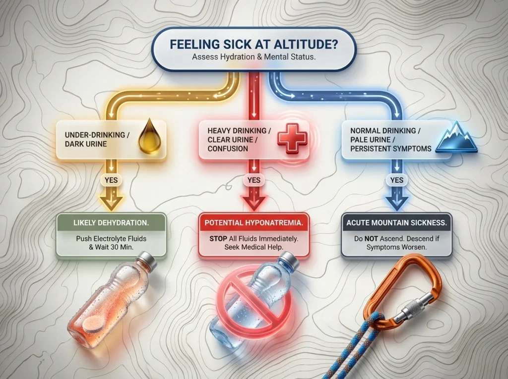 Decision tree flowchart for high altitude sickness showing hydration assessment, urine color, and field treatments