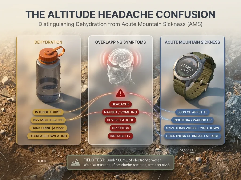 Infographic comparing acute mountain sickness and dehydration symptoms with overlapping traits and visual field guides