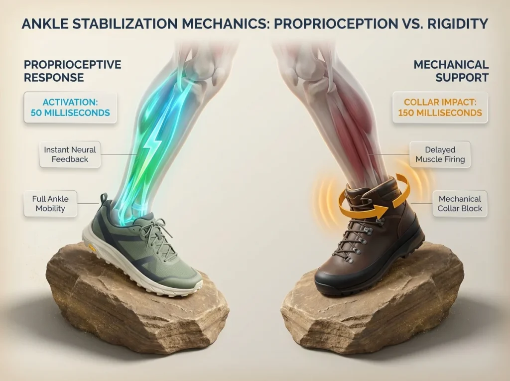Infographic comparing ankle proprioception response in low-cut shoes versus mechanical support in mid-cut boots