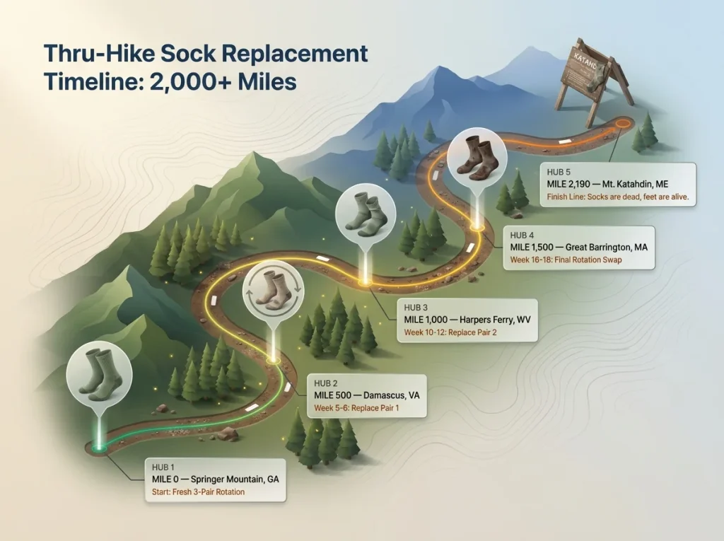 Infographic timeline of an Appalachian Trail thru-hike showing 500-mile sock replacement intervals and resupply towns.
