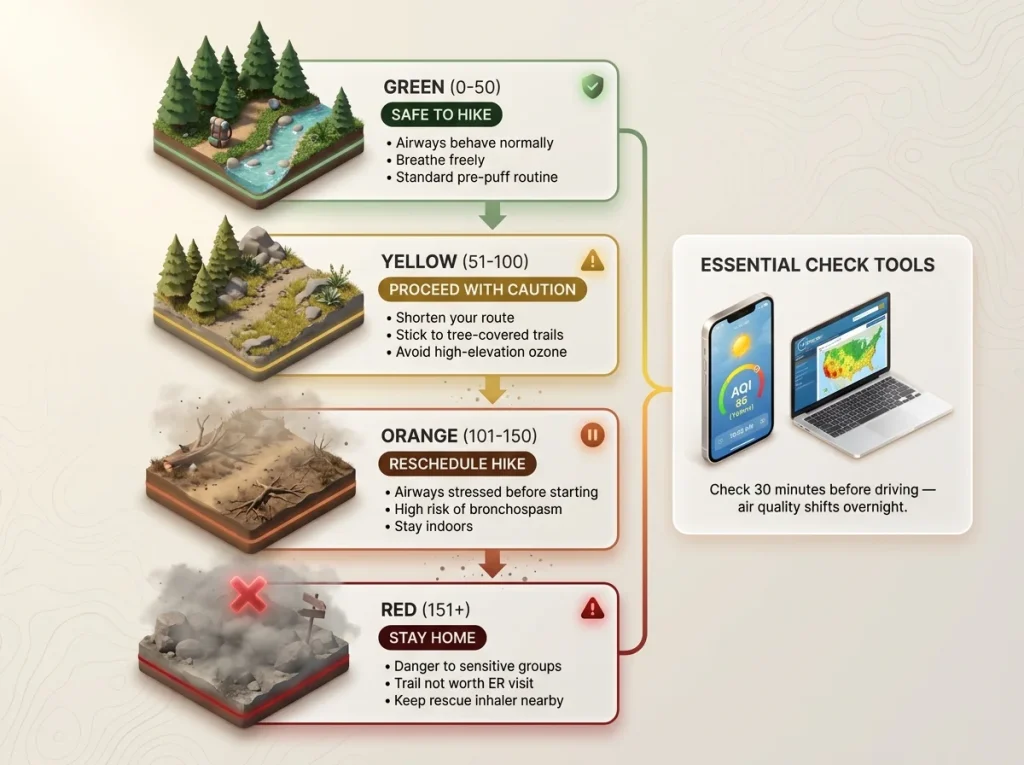Infographic showing AQI chart for asthmatic hikers with specific trail actions for green, yellow, orange, and red zones