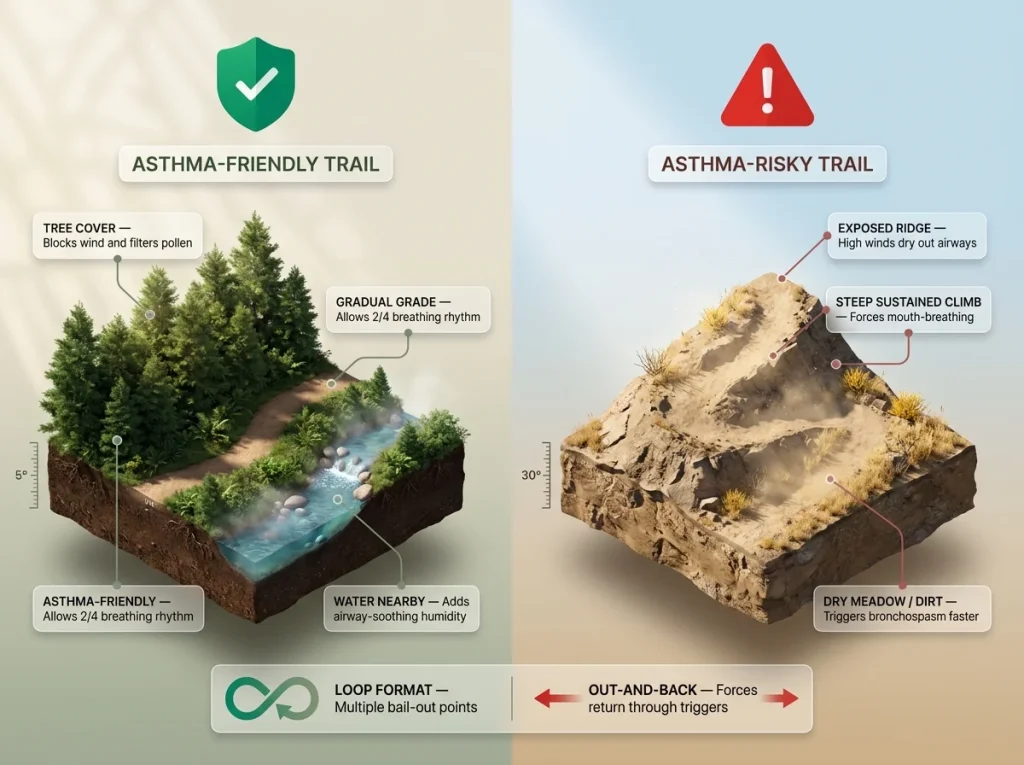 Infographic comparing asthma-friendly trails with tree cover against risky features like exposed ridges and steep climbs