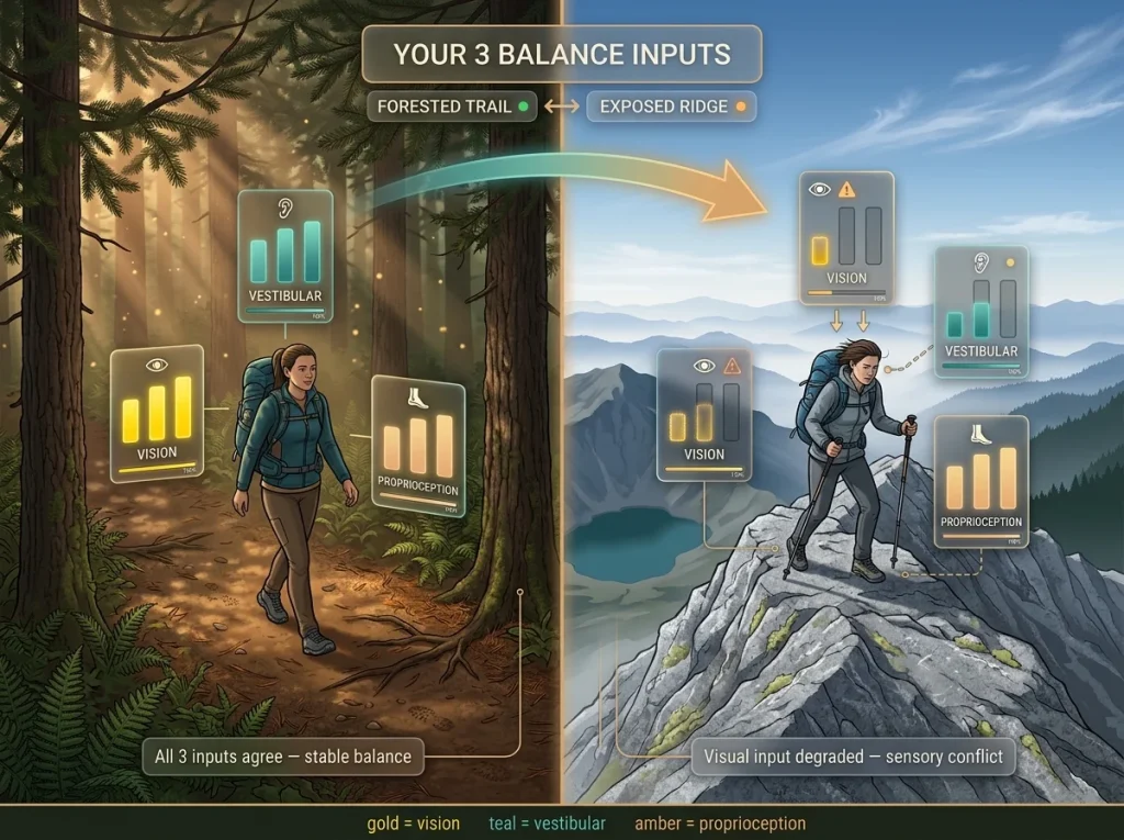 Infographic comparing three balance inputs on forested trail vs exposed ridge with signal strength indicators