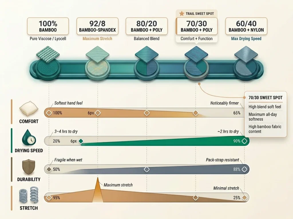 Infographic showing bamboo fabric blend ratios from 100% to 60/40 with sliding scale icons for comfort, drying time, durability, and stretch performance
