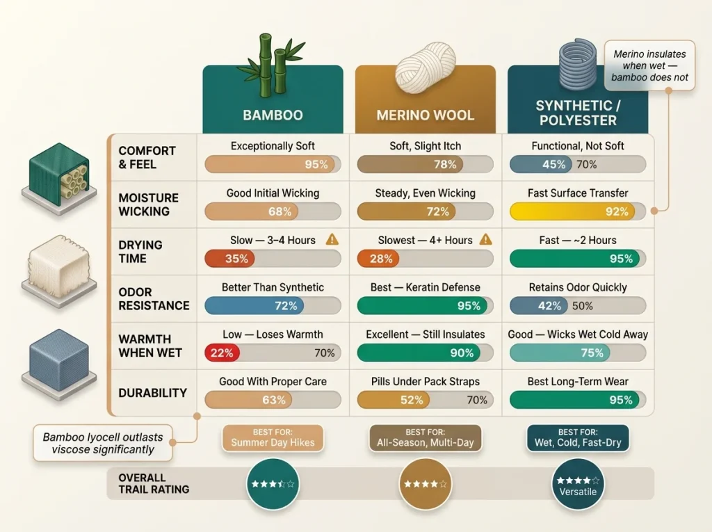 Infographic comparison chart of bamboo vs merino vs synthetic hiking fabrics across 6 performance categories with color-coded ratings and labels