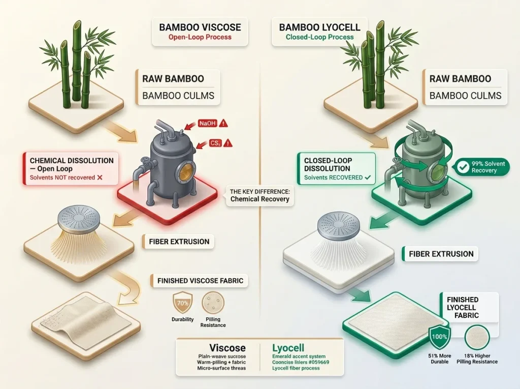 Infographic showing bamboo viscose vs lyocell manufacturing process with open vs closed-loop icons, durability and pilling resistance comparison labels