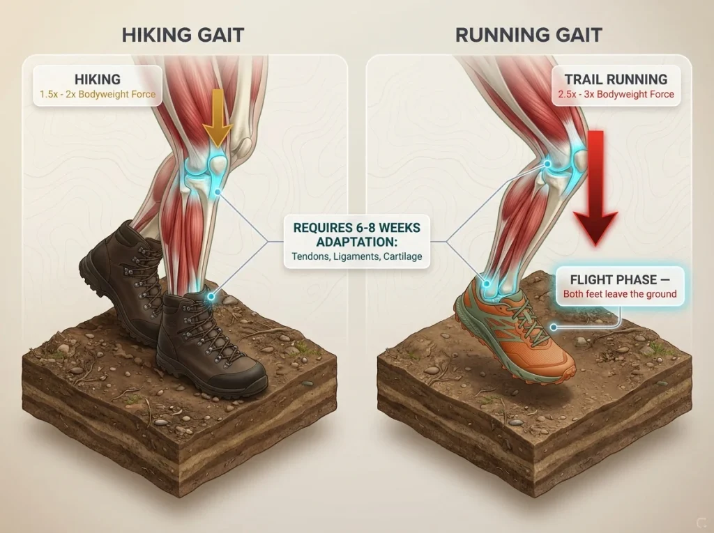 Infographic comparing hiking and trail running biomechanics showing impact forces and connective tissue adaptation zones