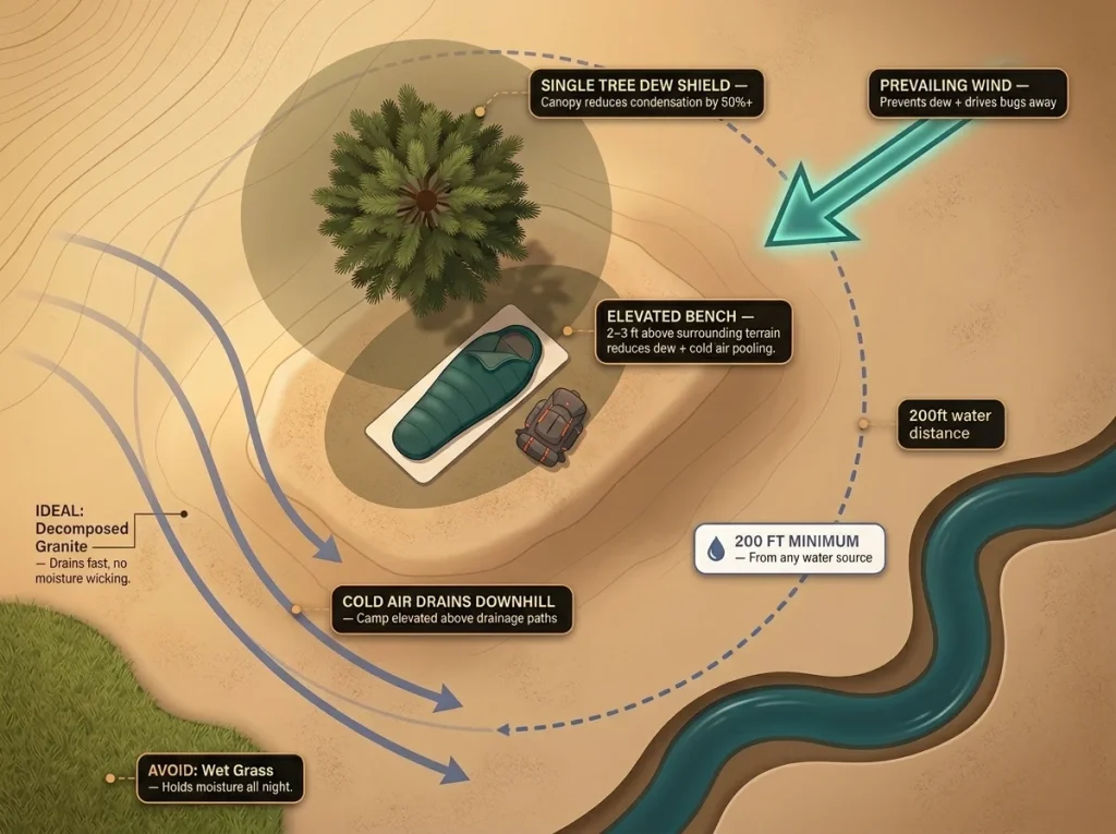 Annotated overhead map of ideal cowboy camping site showing elevation, tree dew shield, 200ft water distance, wind arrow, and cold air drainage flow